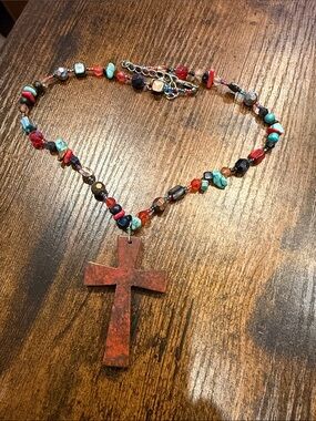 Red Cross Pendant Beaded Necklace with Turquoise Accents